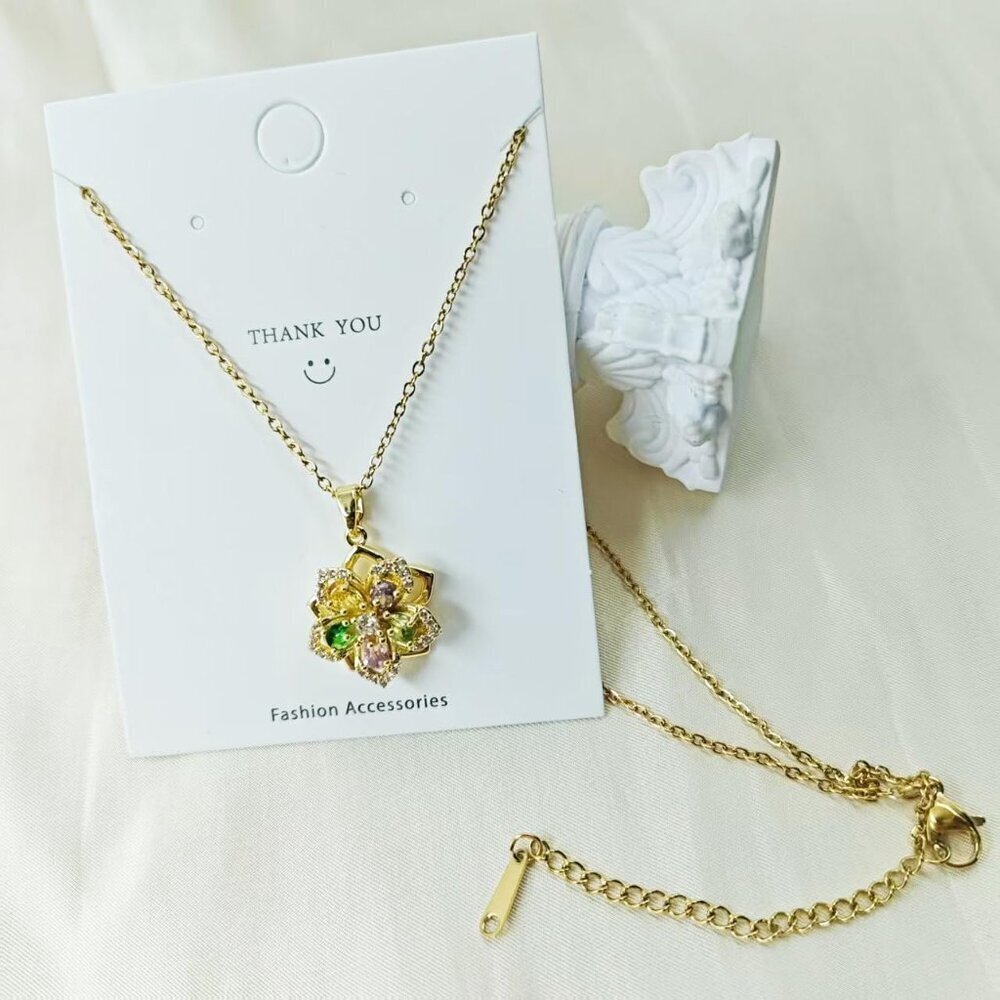 Women Gold Flower Fidget Colorful Necklace Rotatable Crystal Blossom Pendant - Picture 6 of 7